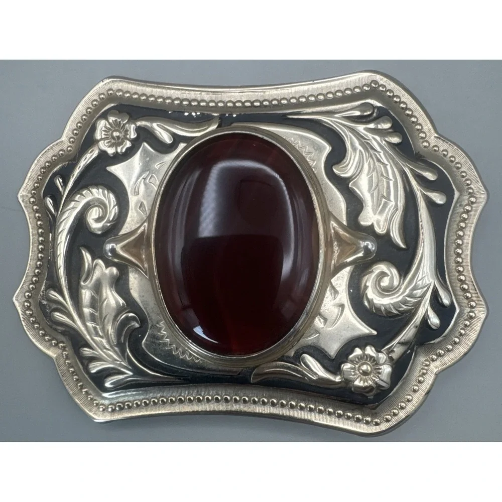 Vintage Western Agate Cabochon Engraved Floral Cowboy Belt Buckle Gold Toned